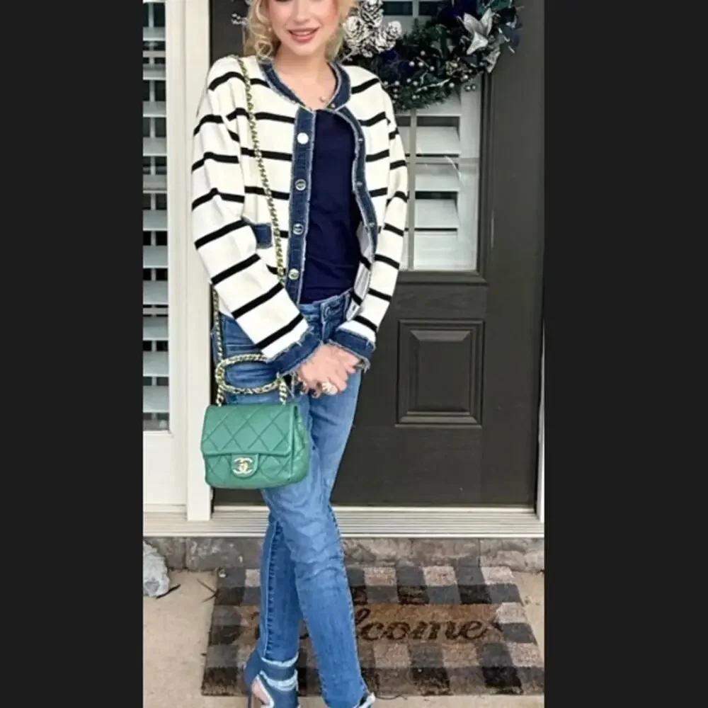 Sandro White Blue Stripe Cardigan SIZE 4  Lady Jacket Denim Preppy Designer $368